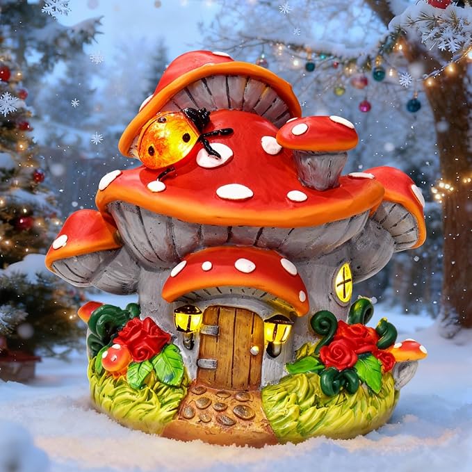 WINTS Solar Mushroom House Statue, Outdoor Whimsical Garden Figurines with Solar Lights, Mushroom Garden Statue Decoration for Fairy House, Outside Lawn Yard Patio, Gifts for Mom