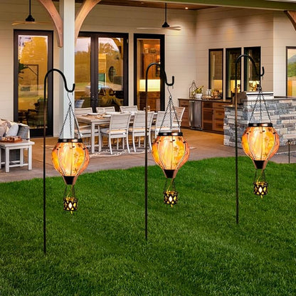 Moon Pattern Hot Air Balloon Solar Lantern with Flickering Flame , Hanging Outdoor Lantern Light Glass Waterproof Decor for Patio, Porch, Garden