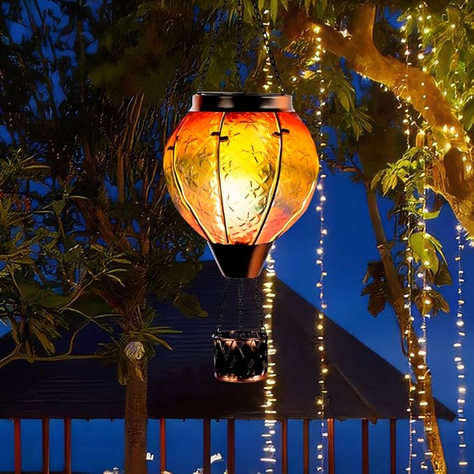 DREAMSOUL Rainbow Hot Air Balloon Solar Lantern, Metal & Glass Solar Lantern with Flickering Flame, Hanging Solar Lanterns Outdoor Waterproof for Lawn, Patio, Tree Decor