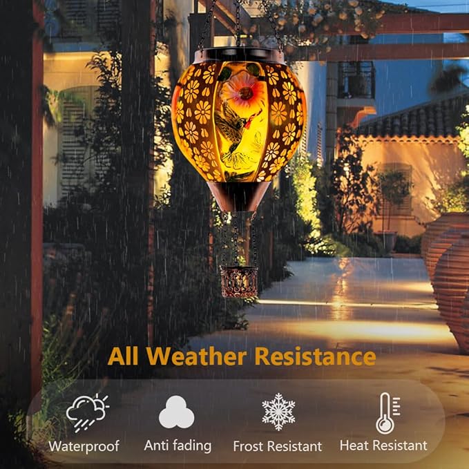 DREAMSOUL Hummingbird Hot Air Balloon Solar Lantern, Metal & Glass Flickering Flame Light Solar Lantern, Hanging Waterproof Solar Lanterns Outdoor for Garden Patio Tree Decoration