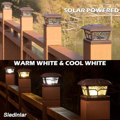 SIEDiNLAR Solar Post Cap Lights Outdoor 2 Color Modes 8 LEDs for 4x4 5x5 6x6 Posts Fence Deck Patio Decoration Warm White & Cool White Lighting Brown (1 Pack)