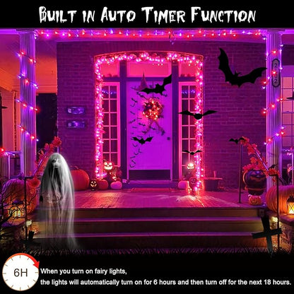 echosari 2 Pack Halloween Fairy Lights Battery Operated, 200 LED 66Ft Auto Timer Silver Wire Starry String Lights 8 Modes for Outdoor Garden Yard Fence Decor (Purple & Orange)
