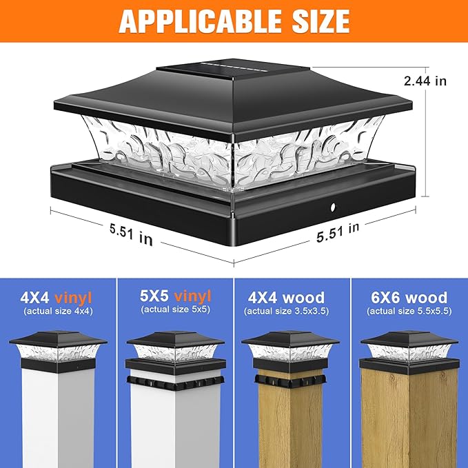 APONUO Solar Post Cap Lights with 8 RGB Solid Colors & Multicolor Flow - 16 Pack 6x6 Post Cap Solar Light, IP65 Waterproof - Fits 4x4 5x5 6x6 Wood & Vinyl Posts - Black
