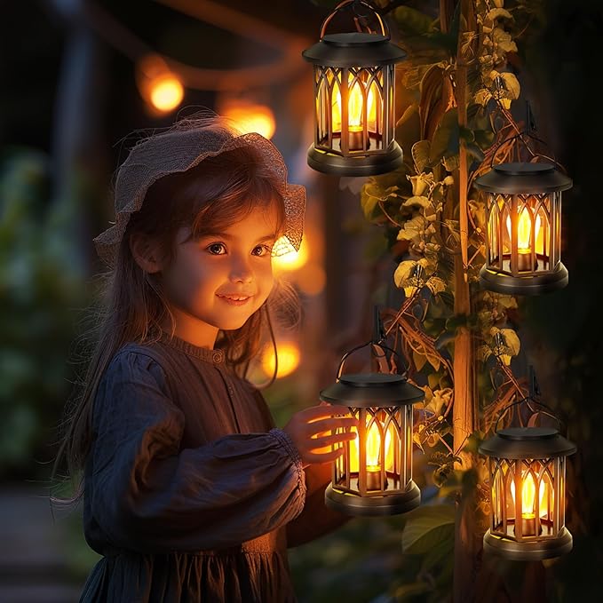 Hanging Solar Lanterns Outdoor Waterproof, 4 Pack Outdoor Lantern Decorative, Hanging Solar Lights for Outside Table Yard Porch Balcony Desk Patio Decor