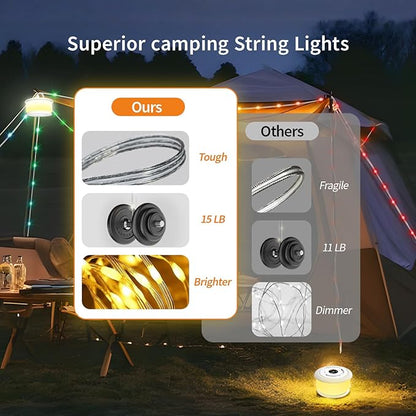 Camping String Lights, 3 in 1 Upgraded Retractable RGB Outdoor String Lights with 19 Lighting Modes, Quick 30s Recovery, 32.8 FT Portable Tent Lights, Rechargeable Camping Lantern (White)