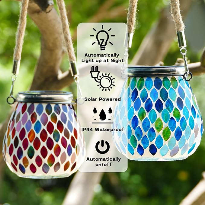 2-Pack Mosaic Solar Lanterns, Waterproof LED Outdoor Lights