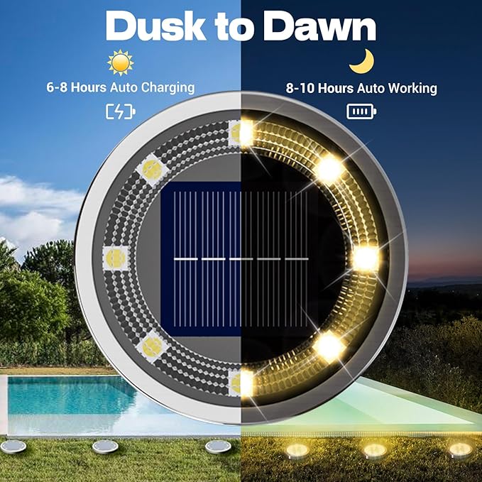 18-Pack Solar Ground Disk Lights, Warm White Waterproof LED