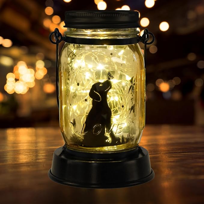 Styleonme Decor Mobile Outdoor Solar Lanterns, Solar Lights Waterproof Dog Lights with Butterfly, Gifts for Women Men Dog Lovers Gifts Hanging Dog Lanterns with Stake for Yard Lawn Garden Decor