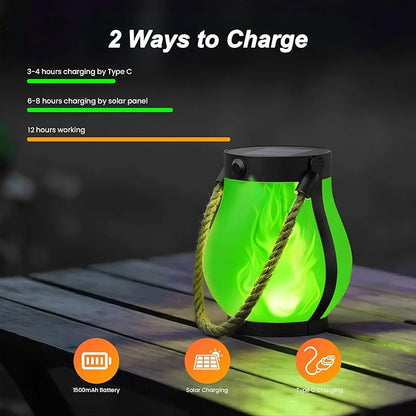 Hompavo Gen2 Solar Lanterns Outdoor with Ultra-Real Flame, Dual Charging (USB/Solar) & 2 Modes - Waterproof Decorative Hanging/Table Lights for Patio Garden Halloween Christmas Decorations, 2/Green