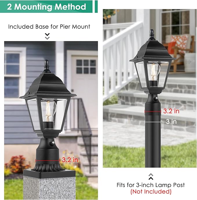 FOLKSMATE Dusk to Dawn Outdoor Post Lights, 2-Pack Waterproof Outside Post Lamps with Pier Mount, Exterior Pole Lantern with Clear Glass, Matte Black Light Fixture for Patio, Garden, Walkway