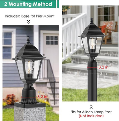FOLKSMATE Dusk to Dawn Outdoor Post Lights, 2-Pack Waterproof Outside Post Lamps with Pier Mount, Exterior Pole Lantern with Clear Glass, Matte Black Light Fixture for Patio, Garden, Walkway
