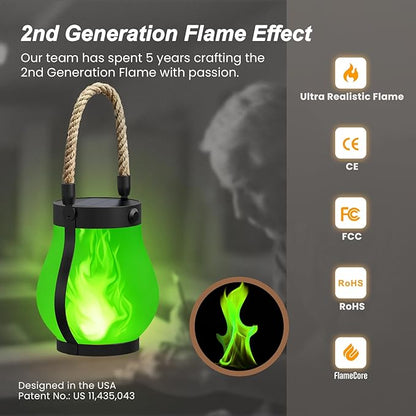 Hompavo Gen2 Solar Lanterns Outdoor with Ultra-Real Flame, Dual Charging (USB/Solar) & 2 Modes - Waterproof Decorative Hanging/Table Lights for Patio Garden Halloween Christmas Decorations, 2/Green