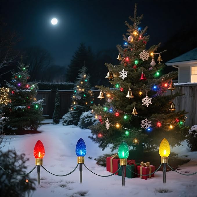 2 Pack Jumbo C9 Christmas Pathway Lights Outdoor, Total 14FT 8-Light Multicolor Diamond Connectable Plug in for Walkway, Fence, Yard, Garden