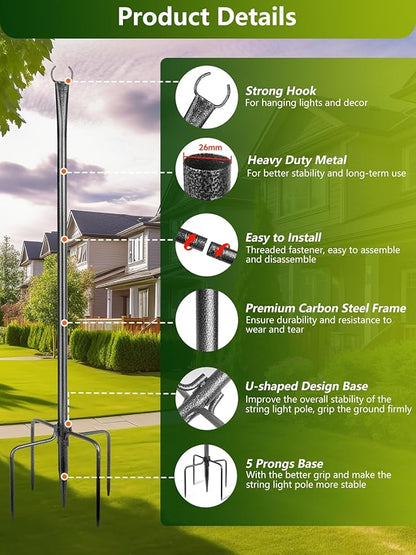 String Light Poles, 4 Pack 10ft Outdoor String Light Poles for Outside and Deck - Ideal for Patio, Garden, Yard, Front Porch Decorations, Frosted Silver