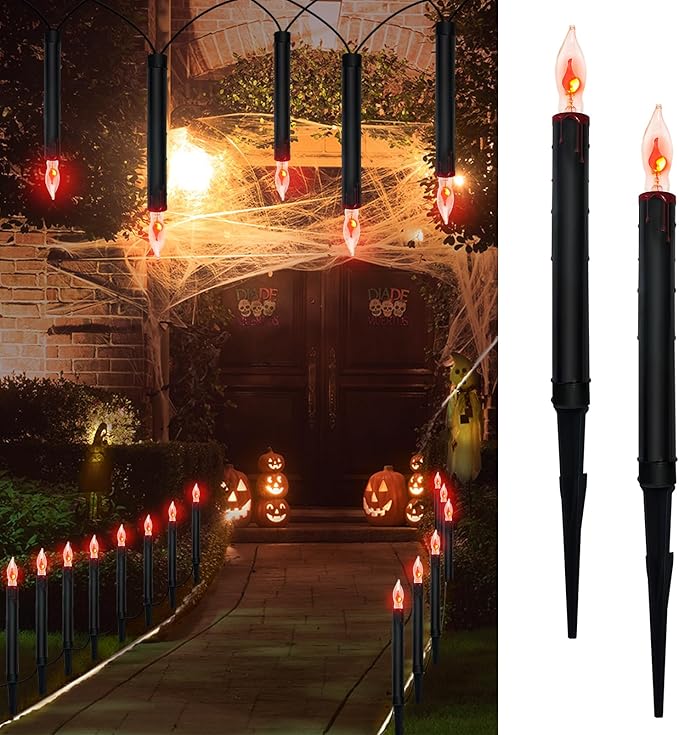 Halloween Pathway Lights Outdoor, 19.5Ft Halloween Pathway Marker String Lights with 10 C18 Flicker Flame Black Candles Stakes Lights Plug in Walkway Light for Lawn Garden Sidewalk Driveway