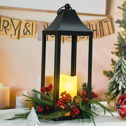 Christmas Lantern 16.2" Metal Outdoor Large Christmas Lanterns with LED Flameless Candle Hanging Lantern, Decorative Hanging Lanterns for Xmas Table Centerpieces, Front Porch, Indoor, Black