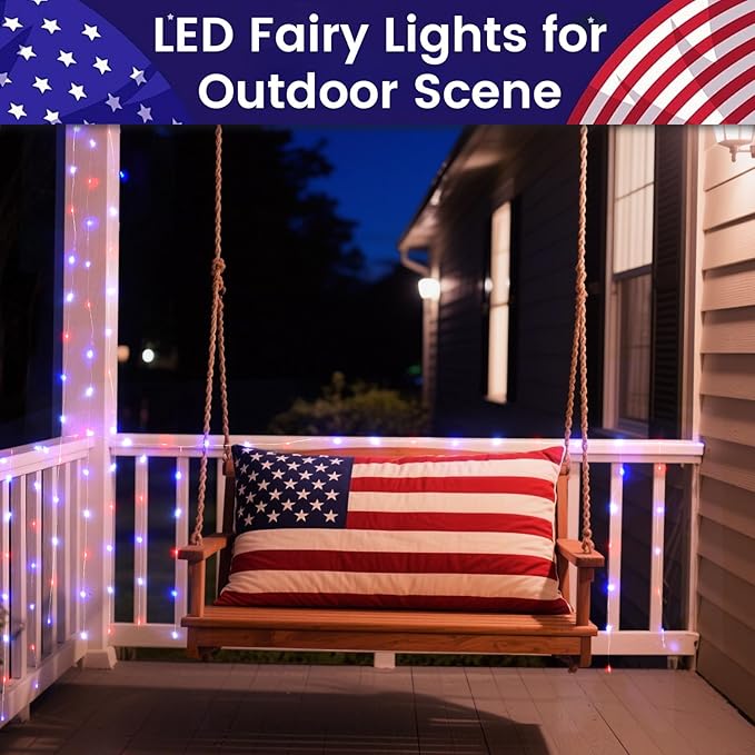 4 Pack 20FT 60LED Red White and Blue Battery Operated Fairy Lights with Timer, Waterproof Battery String Lights Outdoor Indoor, Battery Twinkle Lights for 4th of July Independence Day Decoration