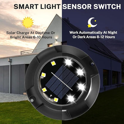 Solar Ground Lights, 8 Pack 12 LED Solar Disk Lights Outdoor Waterproof In-Ground Landscape Lighting for Garden Pathway Yard Lawn Patio Deck Driveway Walkway Outside Decor (Cold White)