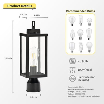 Outdoor Post Light Anti-Rust Lamp Post Lights Fixture Waterproof Exterior Lighting Lamp Post Outdoor Pole Light for Yard Pathway Driveway Fence - 2 Pack