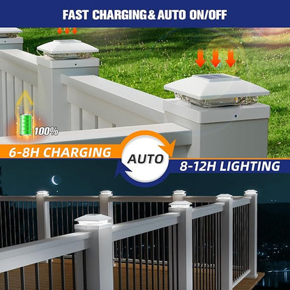 APONUO Solar Post Cap Lights for 4x4 5x5 Posts - IP64 Waterproof, 6500K LED, No-Wire Fence Lights & Deck Lights for Patio Garden Yard Patio, White-Cool White, 8 Pack