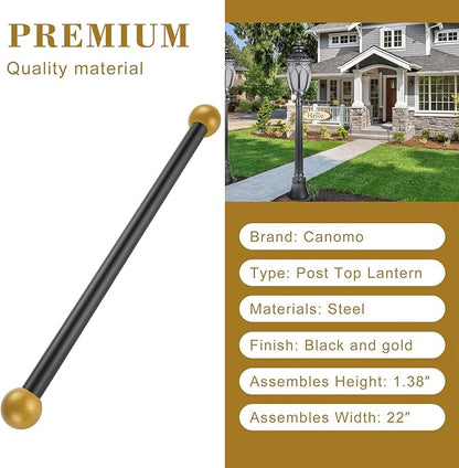 Canomo 22 Inch Improved Lamp Post Cross Arm Ladder Rest with 1-3/8 Inches Threaded Metal Ball Cap for Outdoor Lamp Posts and Poles, Black Bar with Brass Caps