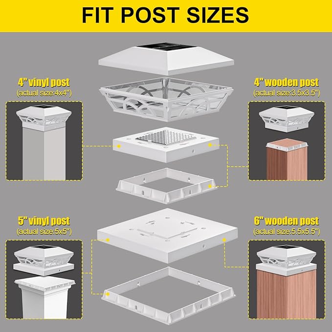 T-SUN Solar Post Cap Lights 12 Pack – Outdoor Waterproof Fence Lights for 3.5x3.5 4x4 5x5 5.5x5.5 Wood/Vinyl Posts, with 2 Brightness Modes Solar Deck Light for Patio, Garden, Porch(White)