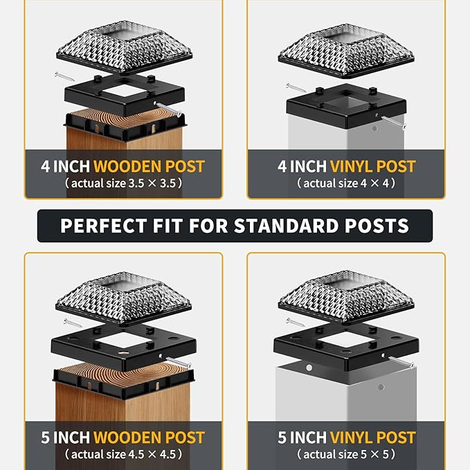 Glass Solar Post Cap Lights with Crystal Style - Decorative Deck Fence Lights for 4x4 5x5 Posts Hidden Solar Panel, Modular Design, 10Hr Runtime, IP65, Warm White, Black, 4 Pack
