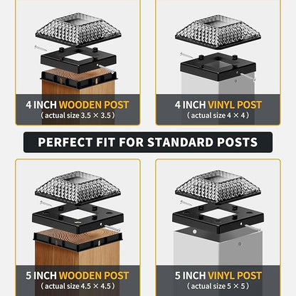 Glass Solar Post Cap Lights with Crystal Style - Decorative Deck Fence Lights for 4x4 5x5 Posts Hidden Solar Panel, Modular Design, 10Hr Runtime, IP65, Warm White, Black, 4 Pack