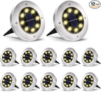 12-Pack Warm White In-Ground Solar Lights, Flat LED Walkway