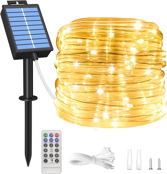 ICRGB Solar Rope Lights Outdoor, 39FT 100 LED Solar Rope Lights,IP67 Waterproof, 8 Modes, Outdoor Patio Porch Tree Wedding Christmas Pool Garden Decorative -Warm White