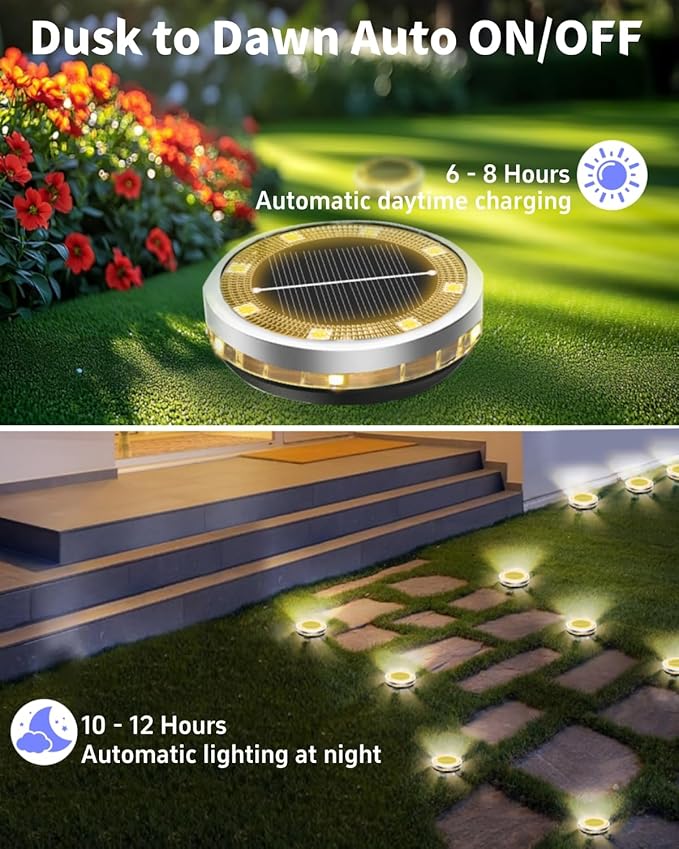 12-Pack Warm White Flat Solar Landscape Lights, Waterproof LED