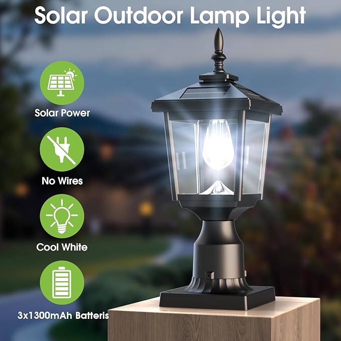 Greluna Solar Post Light Outdoor, 60 Lumens Dusk to Dawn Lamp Post Light, Solar Powered & Waterproof, Fits 6x6 Wooden Posts, 3 Inch Poles, for Garden, Pathway, Driveway, Fence & Yard（Cool White）