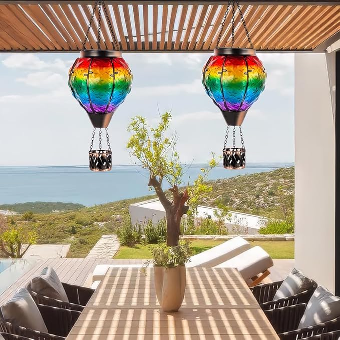 DREAMSOUL Rainbow Hot Air Balloon Solar Lantern, Metal & Glass Solar Lantern with Flickering Flame, Hanging Solar Lanterns Outdoor Waterproof for Lawn, Patio, Tree Decor