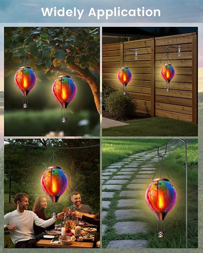 Luxvista Hot Air Balloon Solar Lantern, Rainbow Stain Glass LED Lights, Waterproof Hanging Solar Lantern with Flickering Flame Light for Yard Tree & Outdoor Garden Decor, Made of Glass, Easter Lights