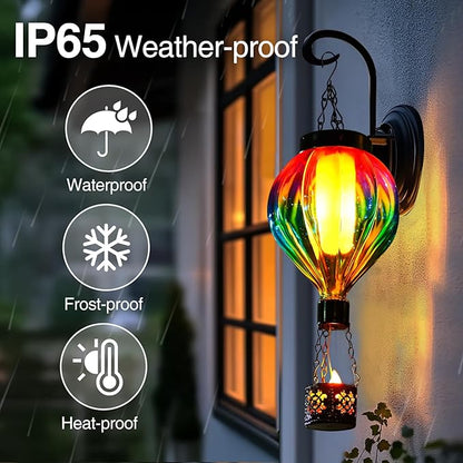 Hot Air Balloon Hanging Solar Lantern Outdoor Waterproof with Flickering Flame Gifts for Women Grandma Mom Glass Hanging Solar Lights Decorative for Outside Wall Front Porch Yard Garden Fence