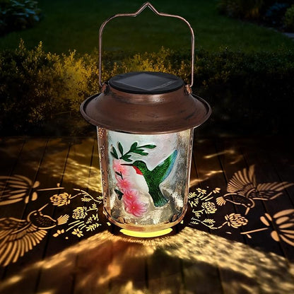 10" H Hummingbird Solar Lanterns Outdoor, Metal Glass Hanging Solar Lamp with Hollow Out Retro Hummingbird Lights, Decorative for Garden Yard Patio Pathway Tabletop Gifts