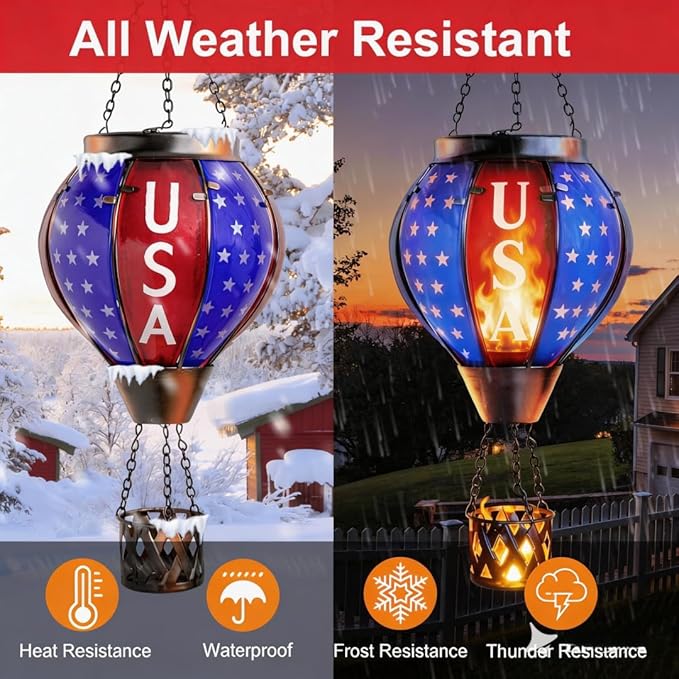 Larekook Solar Hot Air Balloon - Solar Lanterns Outdoor Hanging Waterproof for Garden Yard Patio Farmhouse Decoration，Stained Glass Flag Word