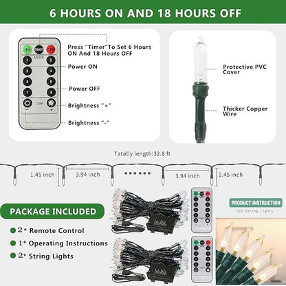 Tcamp 2 Pack Christmas Lights Battery Operated with Remote Memory Timer (Total 66ft 200LED), 8 Modes Battery String Lights for Christmas Tree Wreath Bedroom Outdoor Indoor Decor- Warm White