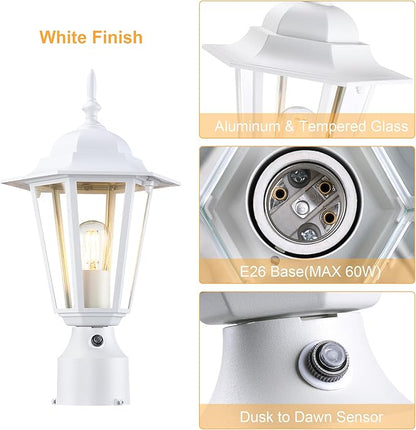GRUENLICH Dusk to Dawn Outdoor Post Lights, Modern White Exterior Lamp Post Light Fixture, Anti-Rust Aluminum Pole Lantern for Garage Front Yard, 1 Pack