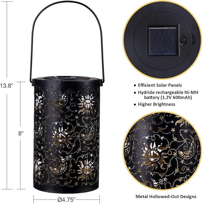 Outdoor Solar Lanterns Garden Decor Hanging Solar Lantern Lights Waterproof Metal Garden Lantern with Sun Star Moon Decorative Yard Lantern Decor as Gift for Women
