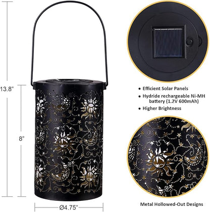 Outdoor Solar Lanterns Garden Decor Hanging Solar Lantern Lights Waterproof Metal Garden Lantern with Sun Star Moon Decorative Yard Lantern Decor as Gift for Women
