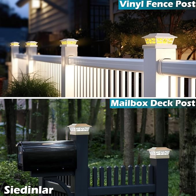 SIEDiNLAR Solar Post Lights Outdoor 4 Modes Deck Fence Post Cap Light for 4x4 5x5 6x6 Wooden Vinyl Posts Patio Garden Decor, Warm White & Cool White Dynamic Lighting White (2 Pack)
