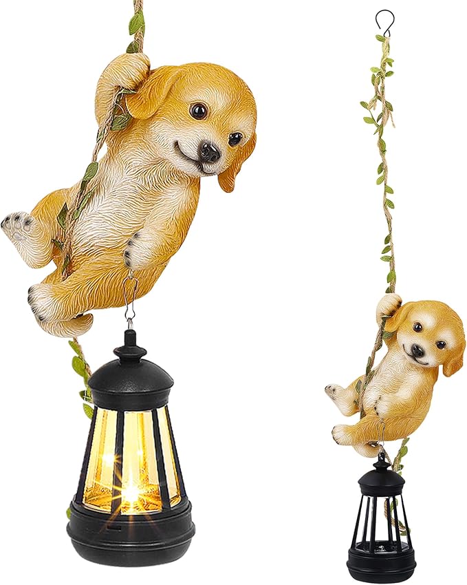 Solar Hanging Dog Statue, Outdoor Resin Golden Retriever Dog Figurine with LED Lights, Puppy Animal Ornament for Garden, Fence, Porch, Patio, Yard Decor, Dusk to Dawn Auto On/Off