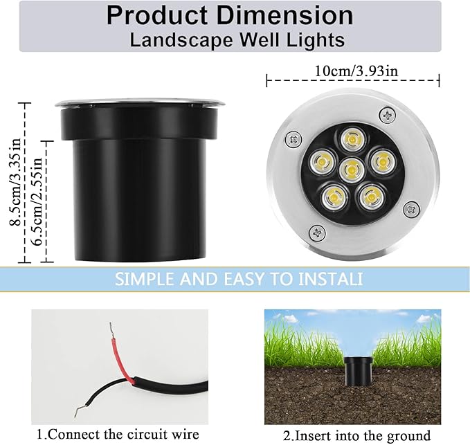 Low Voltage Landscape Light LED In-Ground Lighting with Connectors Well Lights Bright White Waterproof IP67 6W 12V 24V Outdoor Pathway Lights for Yard,Lawn,Patio,Walkway(Cool White)