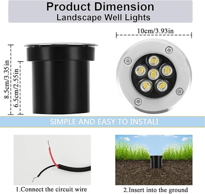 Low Voltage Landscape Light LED In-Ground Lighting with Connectors Well Lights Bright White Waterproof IP67 6W 12V 24V Outdoor Pathway Lights for Yard,Lawn,Patio,Walkway(Cool White)
