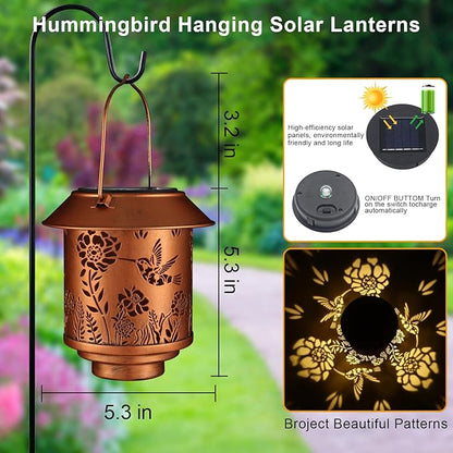 Solar Lantern Lights Outdoor Hanging, Solar Lights Outdoor Waterproof,Garden Decor Gifts for Women Mom,Metal Decoration Lanterns for Garden Patio(Hummingbird)