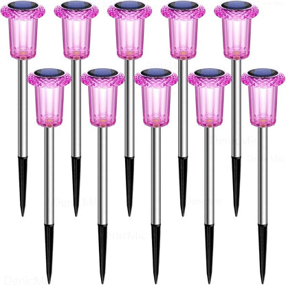 DenicMic Solar Lights Outdoor 10 Pack Waterproof Pink LED Stainless Steel Stake Outside Lights for Yard Pathway Garden Driveway Walkway Landscape Path Lighting Mothers Day Gifts for Mom
