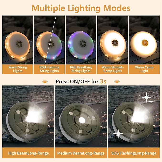 Camping Lights String Outdoor: 4 in 1 Christmas Outdoor String Lights with 8 Lighting Modes - 30s Recovery USB Charging - Portable RGB Camping String Lights for Camping, Hiking - 29.52ft