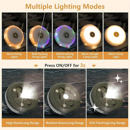 Camping Lights String Outdoor: 4 in 1 Christmas Outdoor String Lights with 8 Lighting Modes - 30s Recovery USB Charging - Portable RGB Camping String Lights for Camping, Hiking - 29.52ft