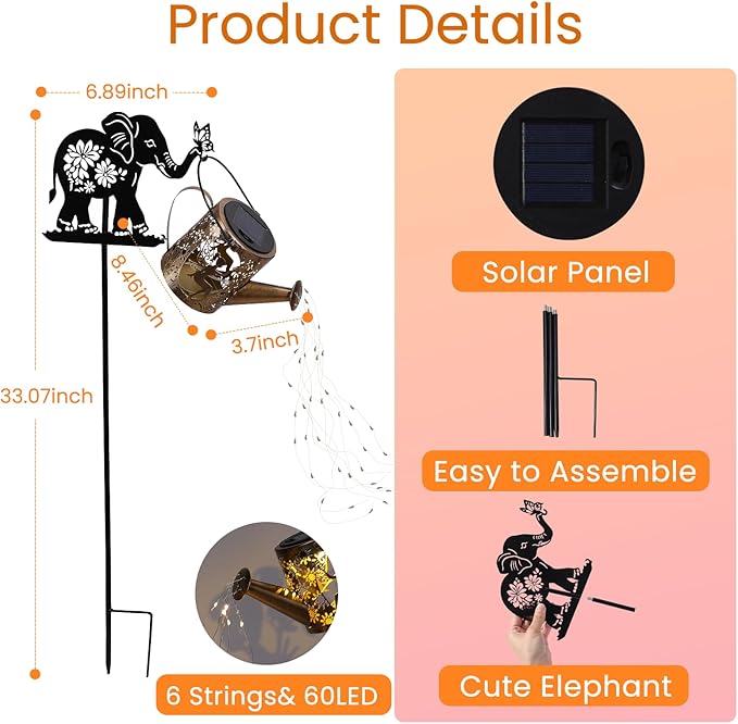 LOVERUIS Solar Garden Decor,Outdoor Elephant Statues with Solar Watering Can Lights-Yard Decorations for Patio, Backyard, Lawn Ornaments-Unique Birthday House Warming Gifts for Women, Mom, Grandma